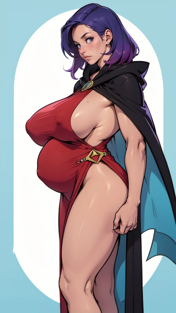 Mulher pregnant com vestido roxo gigante, high qualiy, awardwinning, high resolution, 8K , standing alone, 1woman, from the front, mellow, milf, purple cropped hair, blue colored eyes, long cloak decotado , tall woman, 29-years-old, milf, cuvilinear body, ...