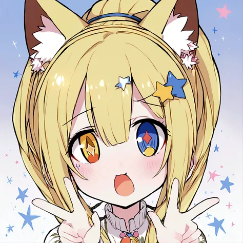 Yellow Hair、Ponytail on the right、Cat ear、Right eye is blue、Left eye is yellow、Odd Eye、Stars in the eyes、Double Peace、Star hair ornament、Girl