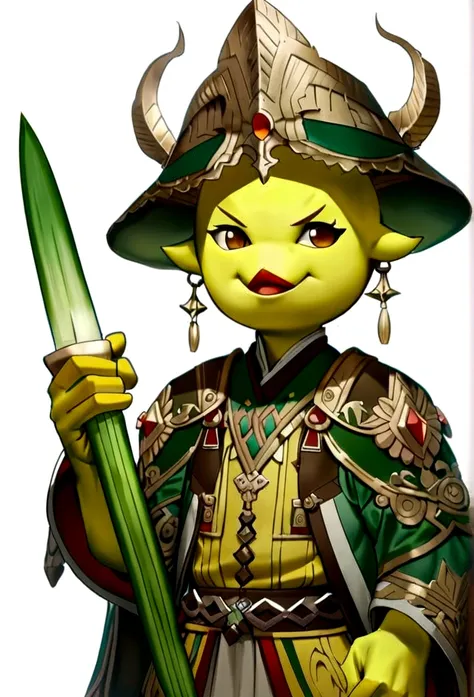 Cute little bird，Yellow body，Red Mouth，Simple Background，Cute expression、Real、Shining green onion、Holding a leek sword in his hand、Fantasy、