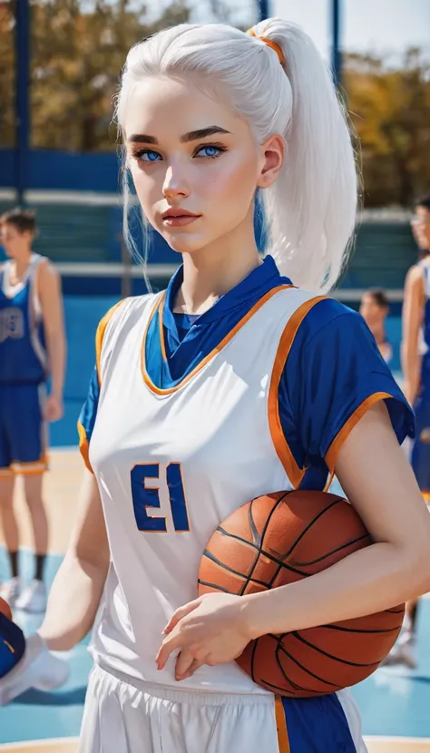 Girly girl with white hair up blue eyes and white skin wearing basketball uniform 