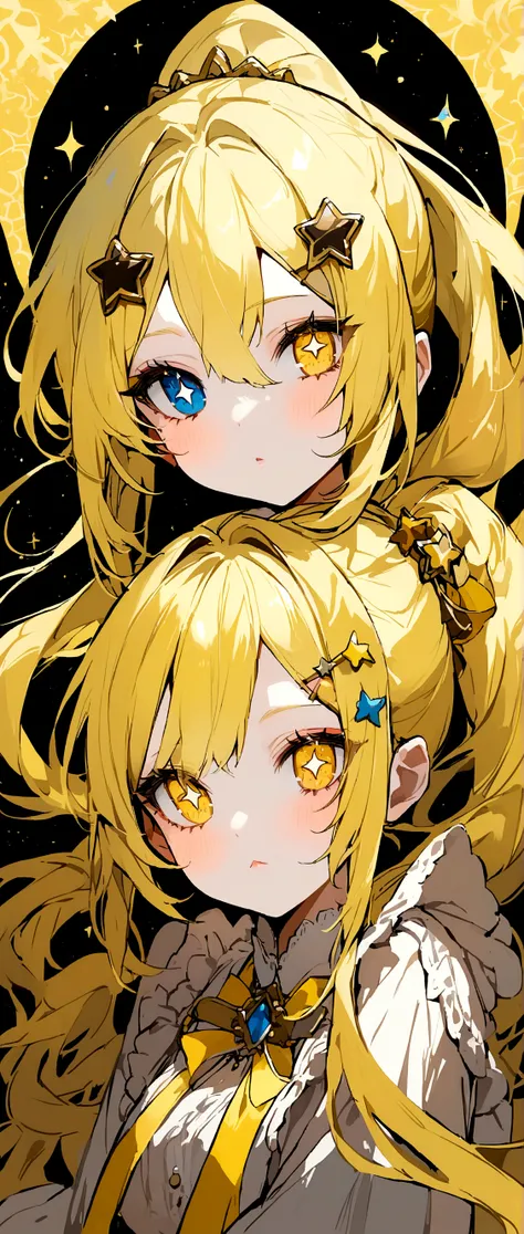 Yellow Hair、Ponytail on the right、Cat ear、Right eye is blue、Left eye is yellow、Odd Eye、Stars in the eyes、Double Peace、Star hair ornament、Girl