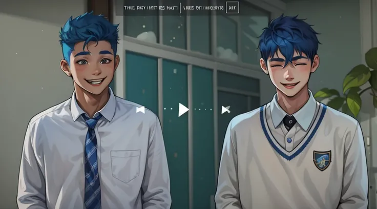 There are two 17-year-old boys with blue hair who love each other and smile with joy.