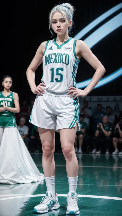 Female teenager with white hair up blue eyes and white skin wearing MEXICO NBA uniform full body 