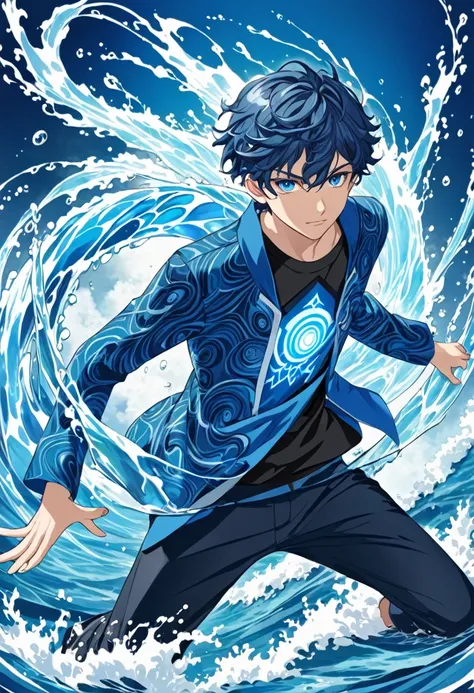 Teenage man, blue wavy short hair, blue colored eyes, water elemental power, anime clothes