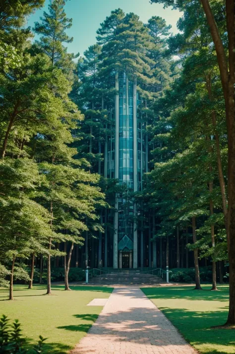 Magical university similar to a glass castle, surrounded by a forest and near a beach