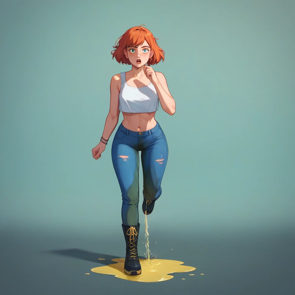 transparent,invisible person,1girl, white crop top, blue jeans, black boots, full body, ((wetting self, pee stains, yellow puddle)), running towards viewer