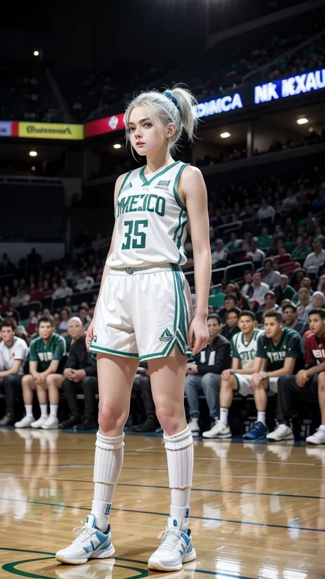 15 year old female teenager with white hair up blue eyes and white skin wearing MEXICO NBA uniform full body 