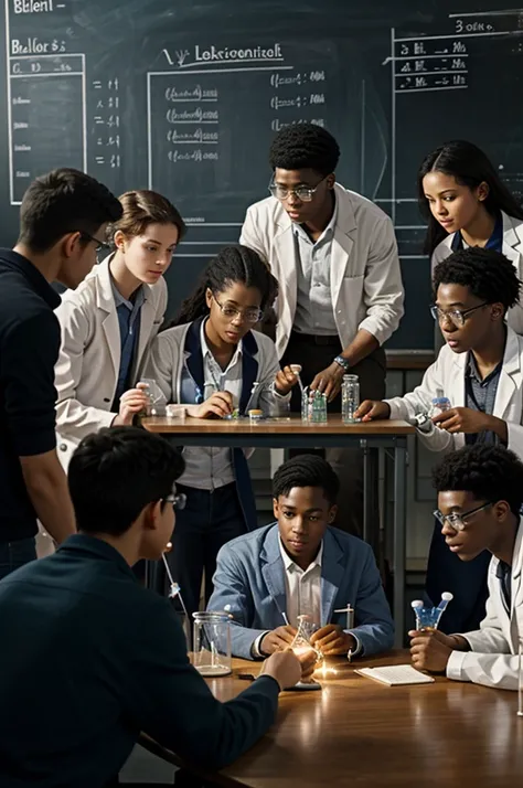 A diverse group of students gather around a laboratory table, conducting a scientific experiment. In the middle, a young man holds a jar with a glowing substance, lighting up their faces with wonder and curiosity. At the bottom, a blackboard full of comple...