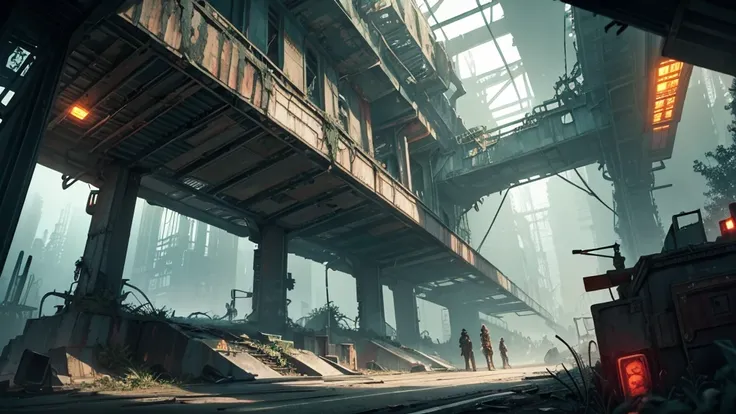 intricate isometric sci-fi RPG scene, abandoned futuristic cosmodrome entrance, highly detailed, cinematic lighting, dramatic atmosphere, glowing neon lights, crumbling concrete walls, rusted metal structures, overgrown vegetation, decaying technology, atm...