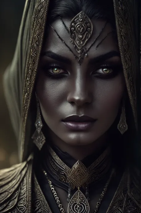 a dunmer worshipper of namira, dark elf, detailed face, beautiful eyes, long eyelashes, sharp nose, full lips, striking expression, ornate robes, intricate jewelry, ancient ruins, glowing mushrooms, moody lighting, deep shadows, muted colors, atmospheric, ...