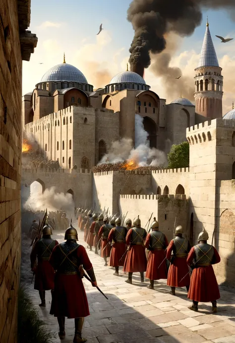 {
"prompt": "A detailed image of Ottoman soldiers breaching the walls of Constantinople, streaming into the city. The Theodosian walls are partially destroyed, with smoke and fire rising from the battlements. Byzantine defenders, dressed in traditional arm...