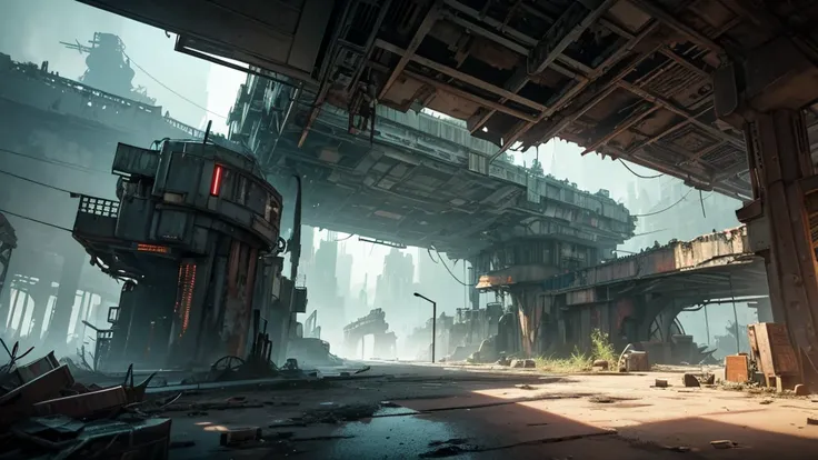 intricate isometric sci-fi RPG scene, abandoned futuristic cosmodrome entrance, highly detailed, cinematic lighting, dramatic atmosphere, glowing neon lights, crumbling concrete walls, rusted metal structures, overgrown vegetation, decaying technology, atm...