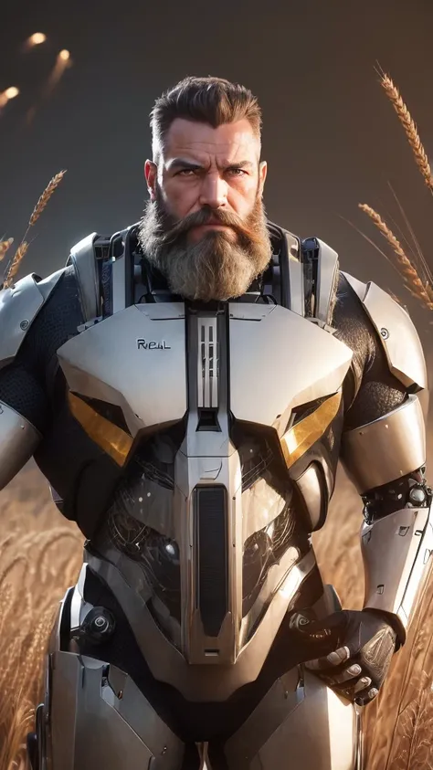 (reelmech: 1.5), CEO portrait photo of a 45 year old man with a big beard, in a luxurious office, cyborg body, in a wheat field (Artwork: 1.2) (photorealistic: 1.2) (bokeh) (best quality) (detailed skin) (complex) (8K) (hdr) (cinematic lighting) (sharp foc...