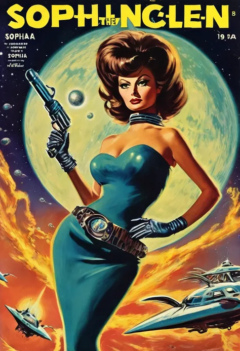 In the style of a 1950s sci-fi pulp magazine, this book depicts the heroic figure of a cyborg beauty (played by Sophia Loren) fighting squid-like aliens with a ray gun. It is a space war, a moon world, a retro,Attacked by fear and horror,