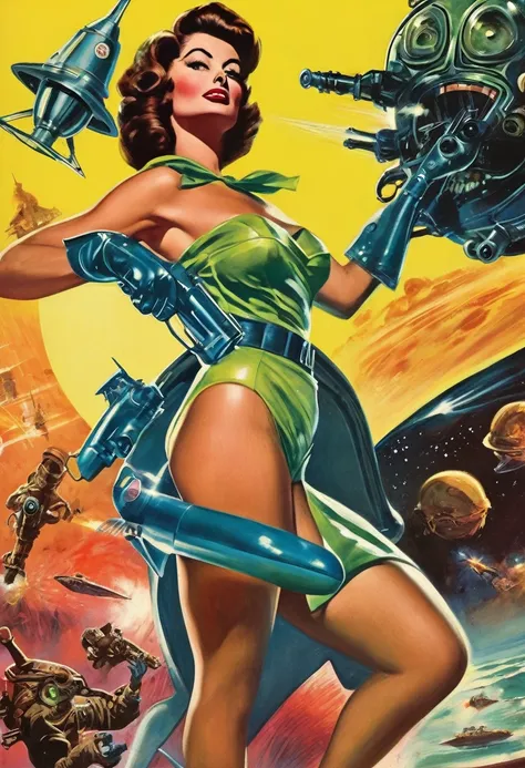 In the style of a 1950s sci-fi pulp magazine, this book depicts the heroic figure of a cyborg beauty (played by Sophia Loren) fighting squid-like aliens with a ray gun. It is a space war, a moon world, a retro,Attacked by fear and horror,