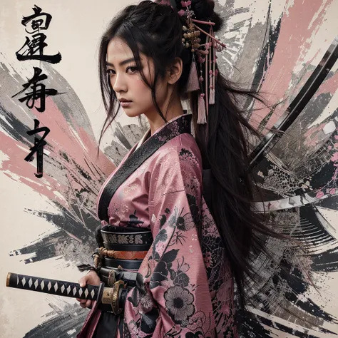 Create an image of a beautiful samurai woman with detailed facial features, standing against an abstract painted background with brush strokes and Asian characters. She is dressed in a traditional garment with pink and black hues, a long katana samurai on ...