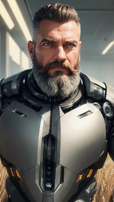 (reelmech: 1.5), CEO portrait photo of a 45 year old man with a big beard, in a luxurious office, cyborg body, in a wheat field (Artwork: 1.2) (photorealistic: 1.2) (bokeh) (best quality) (detailed skin) (complex) (8K) (hdr) (cinematic lighting) (sharp foc...