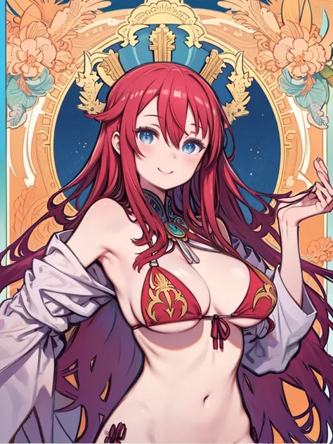 One Girl、Alphonse Mucha　style、Flat Color、Red color hair、long hair、Hair between the eyes、Big Breasts、Huge breasts、Blue Eyes、Bikini Swimwear、Sexy Swimwear、Upper Body、Smiling、