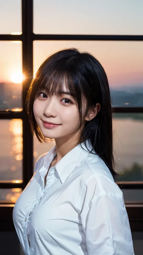 (highest quality,masterpiece:1.3,Ultra-high resolution),(Super detailed,Caustics,8k), (Photorealistic:1.4, RAW shooting),dusk,Sunset sky,Dimly lit classroom,Japanese,20-year-old,smile,Black Hair Middle Hair,(White shirt),Big Breasts,Bust up shot,Natural li...