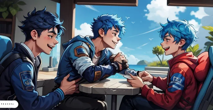 There are two boys with blue hair, they love each other, they smile with joy.