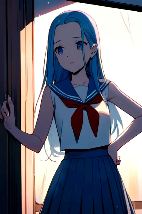 (back beautiful hip style) (solo:2 ,15 yo forehead blue hair long hair lovely girl, cute blue eyes, looking at out the window), (in a summer sailor suit, skirt, red ribbon), break, in the bedroom, background out side of rain:1.2, BREAK, perfect anatomy, ma...