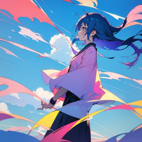 Draw a 4k anime style girl with colorful colors with a wide blue sky 