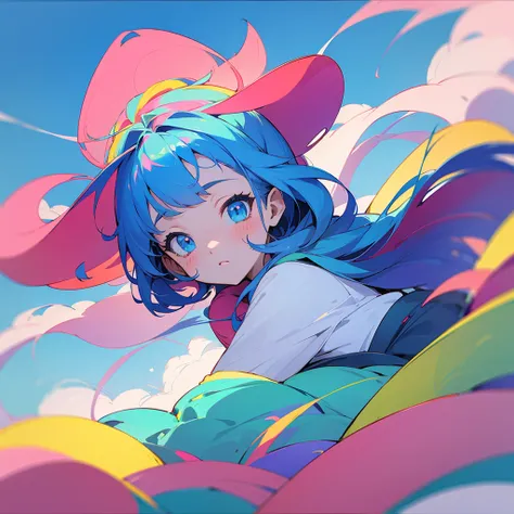 Draw a 4k anime style girl with colorful colors with a wide blue sky 