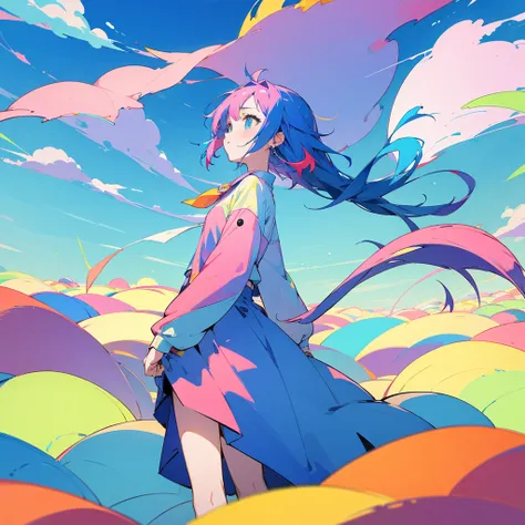 Draw a 4k anime style girl with colorful colors with a wide blue sky 