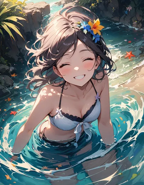 Summer daytime、At the beach where the sunlight is dazzling、A girl in a bikini is having fun splashing around in the ocean。Splash rises、She is smiling and has her eyes closed。The sunlight reflects off the water surface, making it sparkle、It makes her smile ...