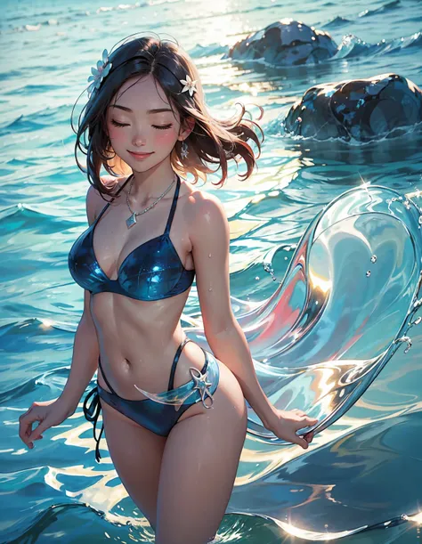 Summer daytime、At the beach where the sunlight is dazzling、A girl in a bikini is having fun splashing around in the ocean。Splash rises、She is smiling and has her eyes closed。The sunlight reflects off the water surface, making it sparkle、It makes her smile ...