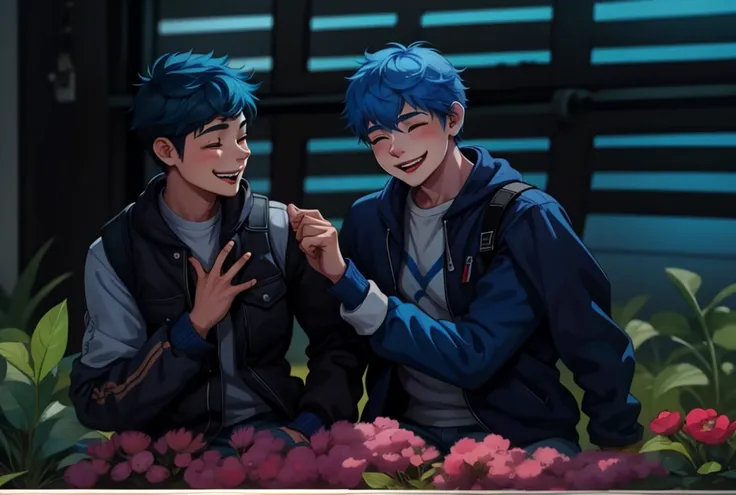 There are two boys with blue hair, they love each other, they smile with joy.