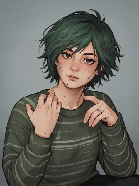 score_9, score_8_up, score_7_up, score_6_up, score_5_up, score_4_up,   wh33z13, 1girl, Green hair, striped sweater, dark Brown eyes, grunge style 