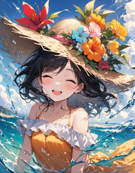 Summer daytime、At the beach where the sunlight is dazzling、A girl in a bikini is having fun splashing around in the ocean。Splash rises、She is smiling and has her eyes closed。The sunlight reflects off the water surface, making it sparkle、It makes her smile ...