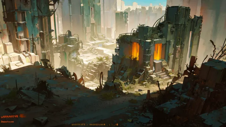 a desolate abandoned cosmodrome, crumbling concrete structures, rusted metal, overgrown vegetation, atmospheric lighting, moody ...