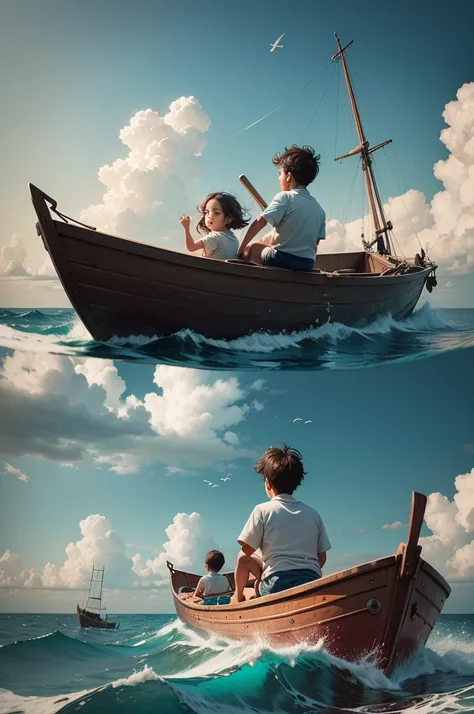 Two young children are sitting in a boat in the sea, conversing with each other. One of them is throwing a piece of iron and the other is throwing a piece of wood. They are walking in the boat in the middle of the sea and the boat is moving in the sea.
