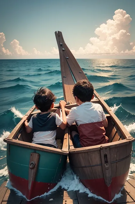 Two young children are sitting in a boat in the sea, conversing with each other. One of them is throwing a piece of iron and the other is throwing a piece of wood. They are walking in the boat in the middle of the sea and the boat is moving in the sea.
