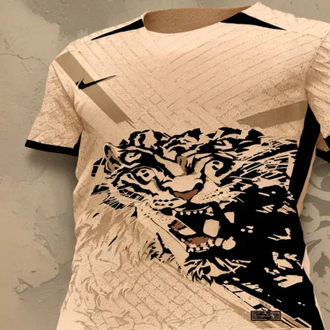 there is a shirt with a lion, inspired by Edo Murtic, inspired by Sava Šumanović, Inspired by Kinichiro Ishikawa, inspirado em Oswaldo Viteri, shirt design, inspired by Ivan Meštrović, inspired by Mirko Rački, inspired by Kanō Hōgai