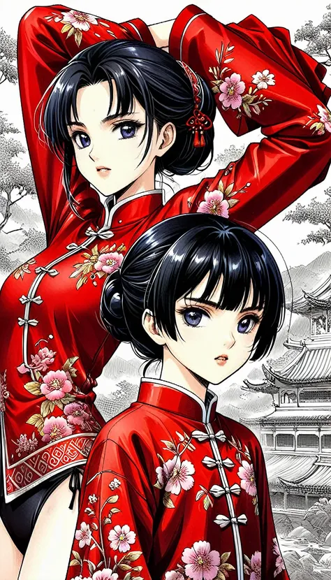 A tragic historical drama in 8k live-action style: Beautiful palace secrets　Beautiful 10 year old Chinese Kung Fu Princess with short black hair undressed　Gorgeous embroidery, Ultra glossy, She is wearing a shiny red top and bottom long sleeve floral pajam...