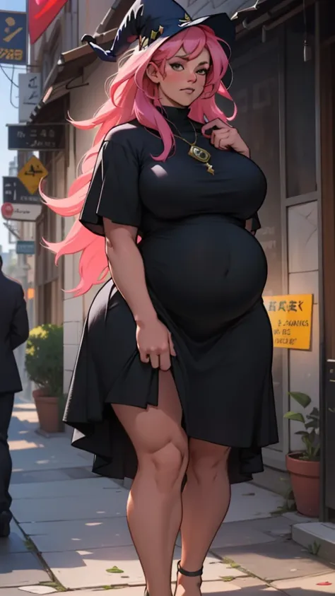 older woman in her 30s, with pink hair and a tall, curvy body, breasts big, in this, (work of art, best qualityer:1.2) wearing the legendary great black dress of the mystical sorceress, Big witch hat, pregnant, standing alone, alone, pink massive hair
