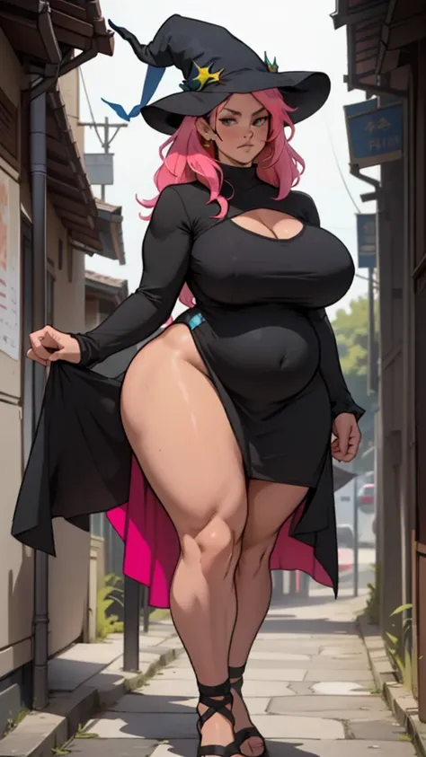 older woman in her 30s, with pink hair and a tall, curvy body, breasts big, in this, (work of art, best qualityer:1.2) wearing the legendary great black dress of the mystical sorceress, Big witch hat, pregnant, standing alone, alone, pink massive hair
