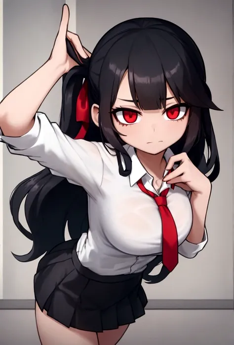 Close-cropped bangs, long sideburns, long straight black hair, female student, navy blazer, white shirt, red ribbon tie, checked miniskirt, Raise foot high , high-kick, shout