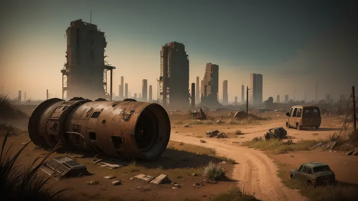 a desolate abandoned cosmodrome, crumbling concrete structures, rusted metal, overgrown vegetation, atmospheric lighting, moody ...