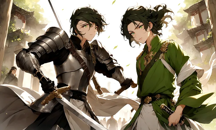 Beautiful youth,male,ネイビーなhair,length, Silky green eyes,hair,Silver Eyes,Chinese warlords,Wearing armor,Holding a sword