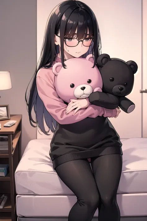 A black woman, dark-skinned, skin black. Long black hair, fringe. Big black eyes. lowrise, serious countenance. holding a teddy bear, black sweatshirt in a pink room