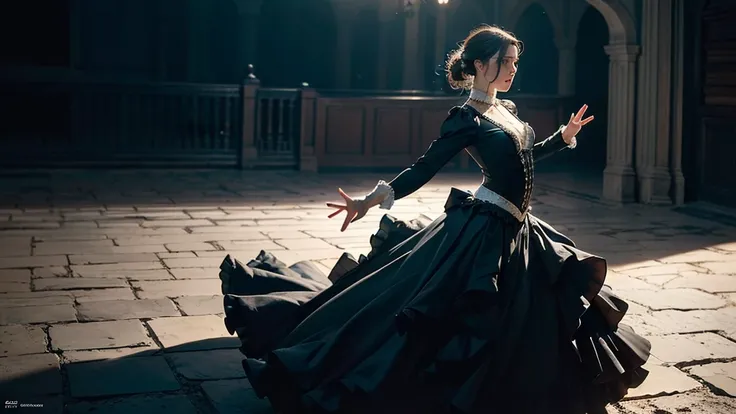 ((Parallel world:1.1)), (A Spanish person dancing flamenco in a flamenco costume), 2D Cinematic, Rebuttal on cgsociety,  Black Shadow, Streaming,  Spanish Background, Romanticism, Atmospheric, (RAW Photos, Highest quality), (Realistic, photo-Realistic:1.3)...