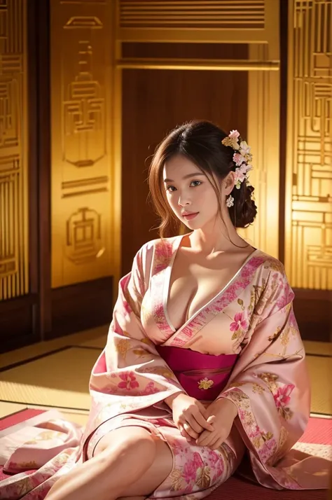 masterpiece, Highest quality,Large Breasts、pink kimono、Cinematic atmosphere、Professional composition、Natural Body、fantasy,sitting in front of a golden screen、flower arrangement、tatami、looking at the camera、real、nature