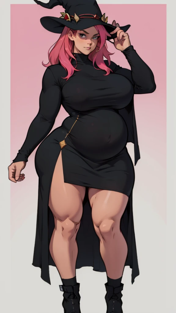 older woman in her 30s, with pink hair and a tall, curvy body, breasts big, in this, (work of art, best qualityer:1.2) wearing the legendary great black dress of the mystical sorceress, Big witch hat, pregnant, standing alone, alone, pink massive hair
