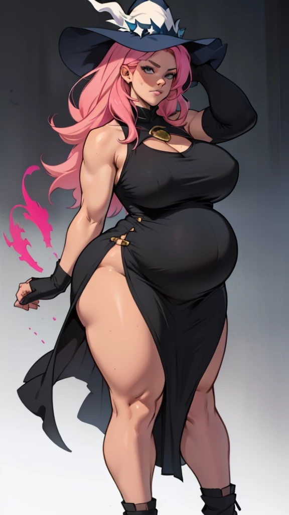 older woman in her 30s, with pink hair and a tall, curvy body, breasts big, in this, (work of art, best qualityer:1.2) wearing the legendary great black dress of the mystical sorceress, Big witch hat, pregnant, standing alone, alone, pink massive hair
