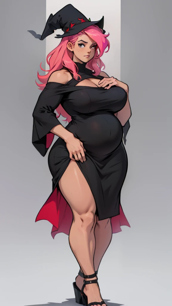 older woman in her 30s, with pink hair and a tall, curvy body, breasts big, in this, (work of art, best qualityer:1.2) wearing the legendary great black dress of the mystical sorceress, Big witch hat, pregnant, standing alone, alone, pink massive hair
