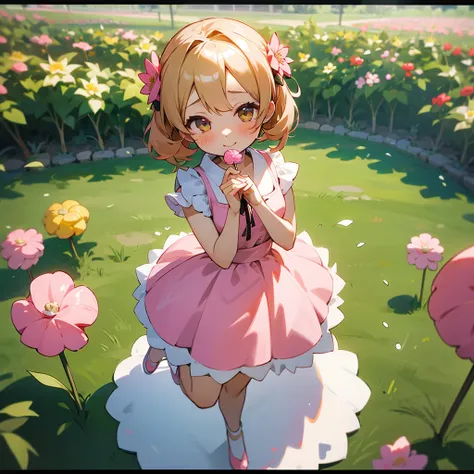 masterpiece,ultra detail,best quality,1girl,,chibi, watahana,outdoor,flower garden,happy,blush pretty dress,holding large lollipop candy,from above,kirakira effect, 